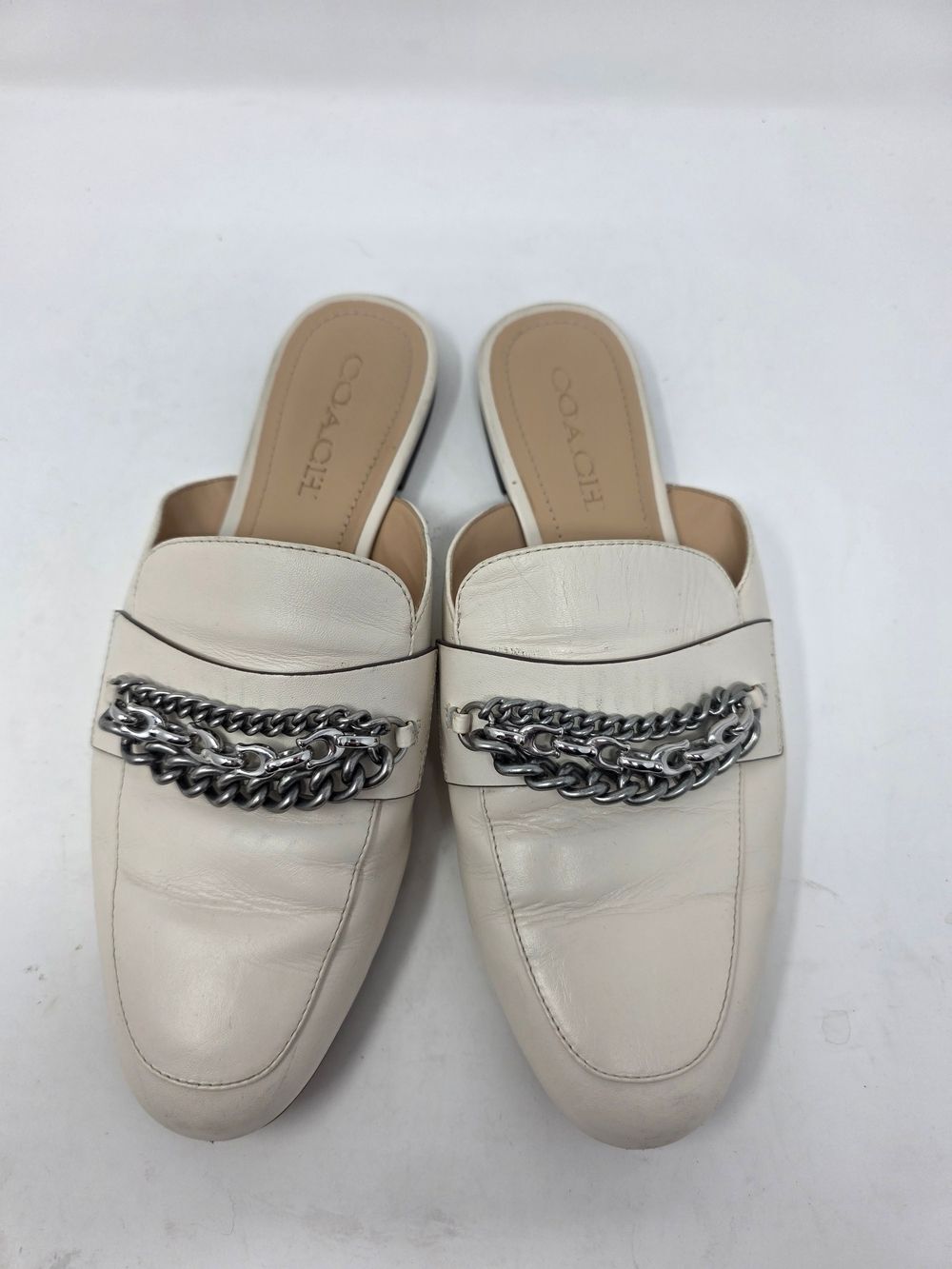 Coach Women's White Leather Chain-Trim Slip-On Loafers